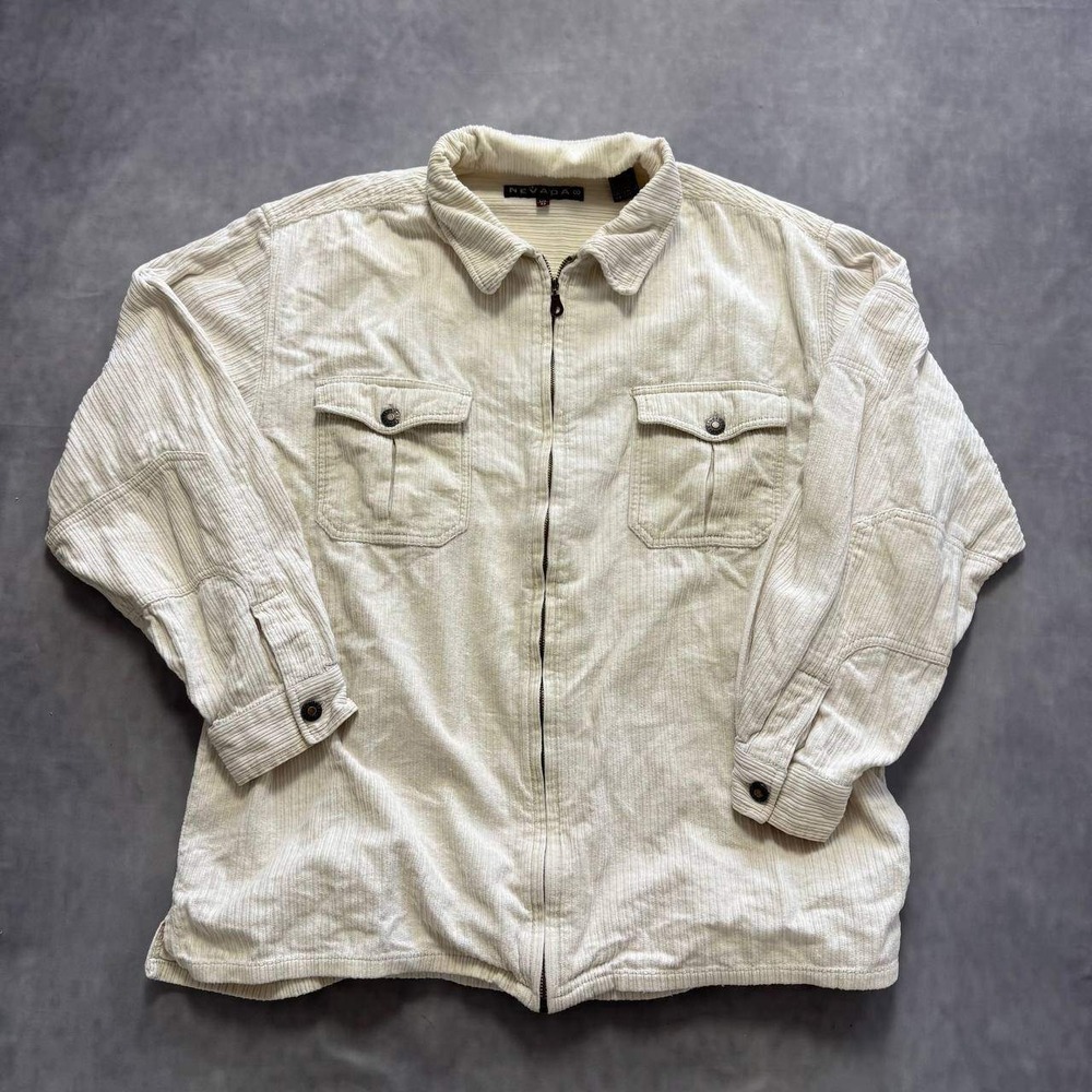 Nevada Corduroy Zip Up Shirt Jacket Mens Large‎ Cream 90s Workwear Elbow Patches